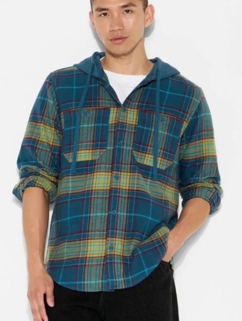 Original Use Teal, Yellow & Navy Plaid Hooded Shirt